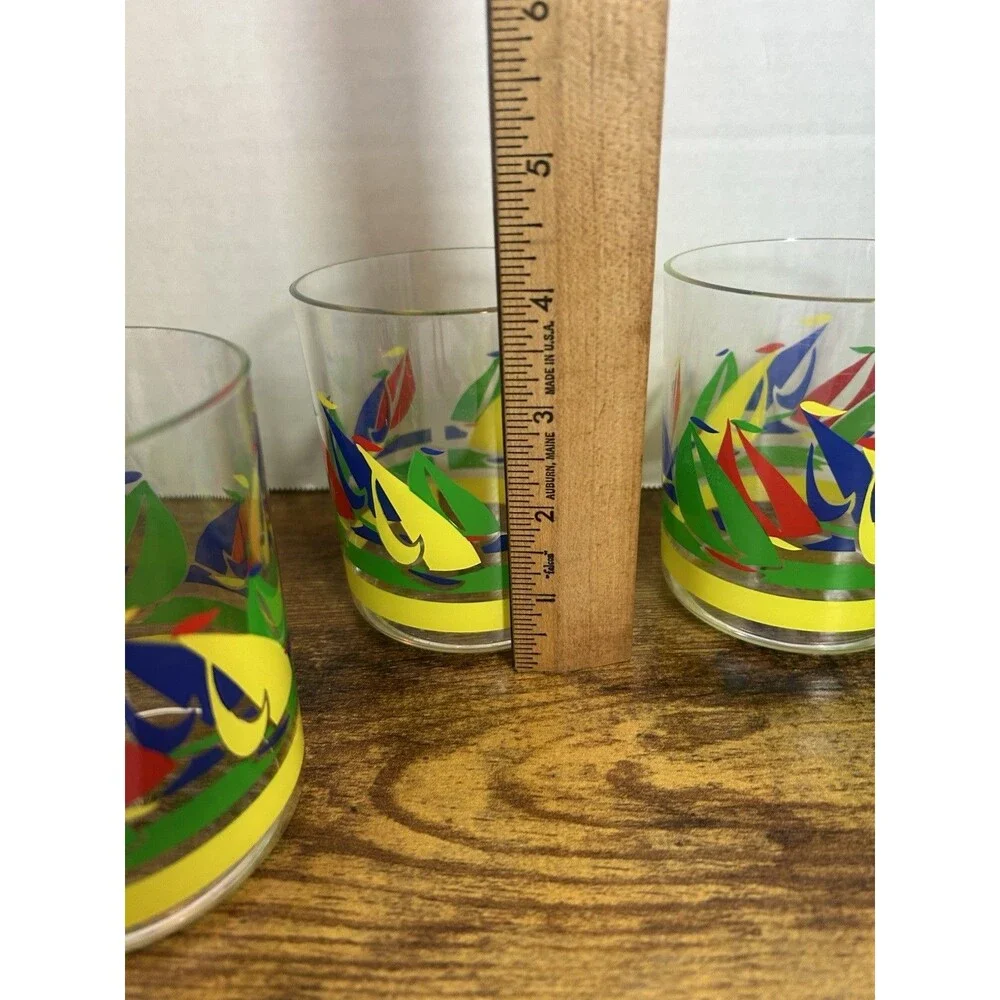 Vintage Sailboat Ice Bucket Set 4 Tumblers Coasters Tongs Primary Colors Taiwan